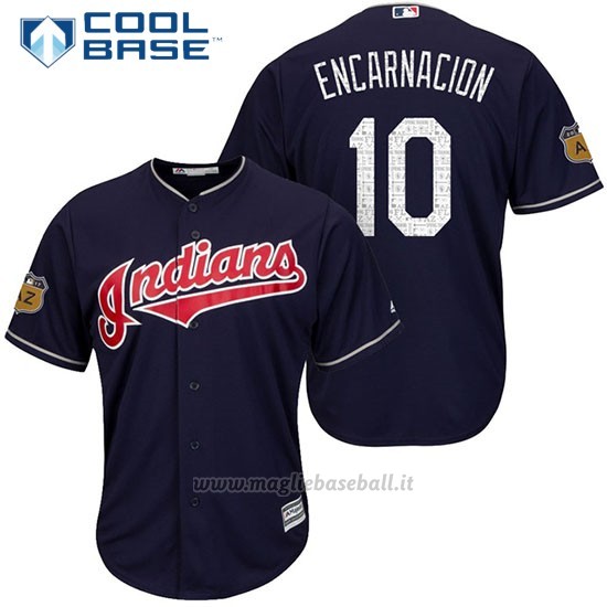 Maglia Baseball Uomo Cleveland Indians Edwin Encarnacion 10 Blu 2017 Allenamento Primaverile Cool Base Giocatore